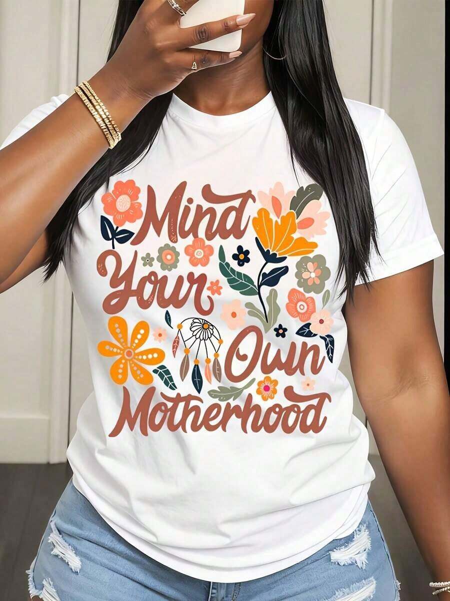 Women's Floral Print T-Shirt 'Mind Your Own Motherhood', Casual Summer Clothing For Women - 白色 - 查看 1