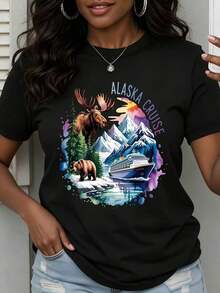 Women's Fashion T-Shirt With Alaskan Moose And Bear Print, Cruise Ship, Natural Landscape, For Summer Vacation, Casual Travel Clothes - 黑色 - 查看 2