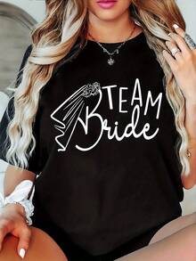 Camiseta gráfica '' para mujer - Color negro, cuello redondo casual, manga corta, con letras blancas, tejido suave, ideal para todas las estaciones, decoración para despedidas de soltera. - Negro - Ver 1