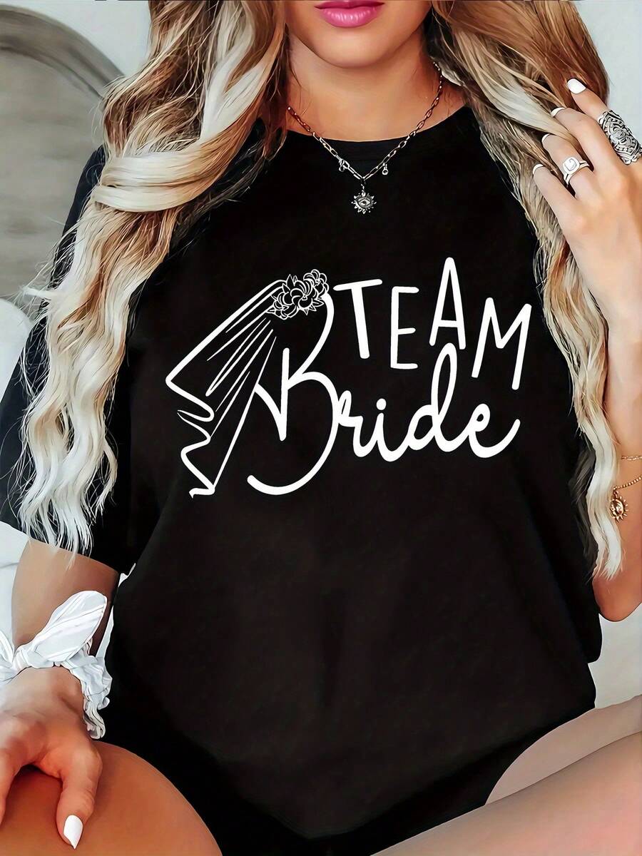 Camiseta gráfica '' para mujer - Color negro, cuello redondo casual, manga corta, con letras blancas, tejido suave, ideal para todas las estaciones, decoración para despedidas de soltera. - Negro - Ver 1