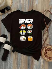 Camiseta de Mujer Casual de Corte Holgado, Opciones en Blanco y Negro, Estampado de Sushi, Camiseta Gráfica Divertida, Tops de Verano, Camisetas para Damas, Conjuntos de Verano, Camisetas Gráficas para Mujer, Tops Cortos para Mujer, Camisetas Vintage de Algodón, Ropa Linda para Mujer, Playera Holgada para Mujer - Negro - Ver 2