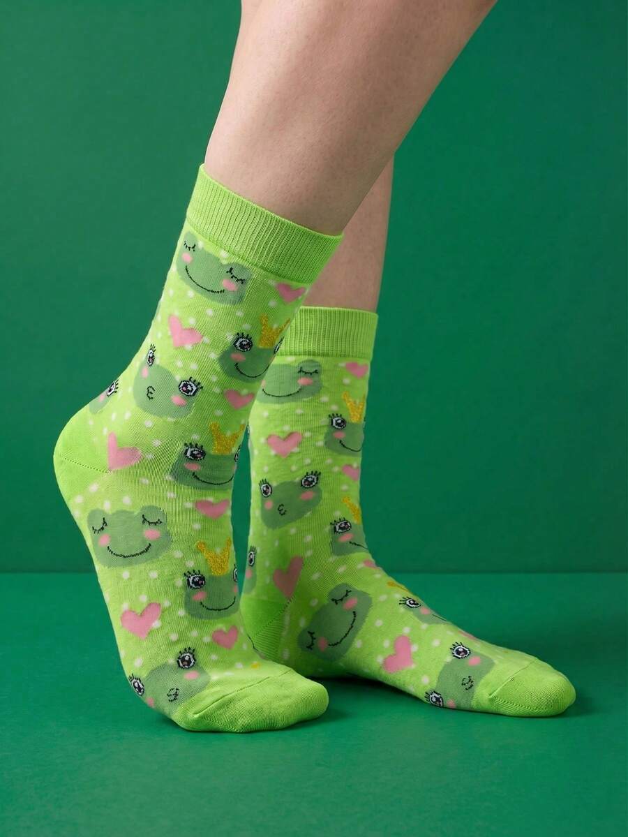 1 Pair Fashionable & Fun Crown Frog Printed Unisex Mid-Calf Socks, Suitable For All Seasons - Multicolor - View 1