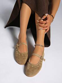 Mary Jane Round Toe Flat Shoes, Preppy School Basic Style With Buckle & Metal Eyelets, Suitable For Home & Office - Khaki - View 7