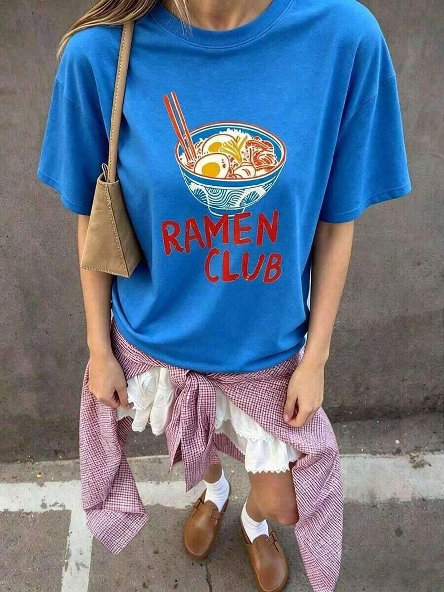Camiseta de manga corta de algodón puro con estampado de ramen, corte holgado, 1 pieza, para mujer, estilo casual, cuello redondo. Diseño divertido y lindo con estampado de ramen para uso diario. RAMEN CLUB, Camiseta Casual de Manga Corta con Cuello Redondo y Estampado Gráfico para Mujer (Temporada de Vacaciones) Ropa Fresca de Verano para Mujer - Azul - Ver 1