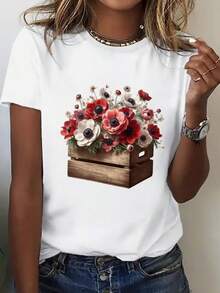 Ropa de mujer de talla grande, camiseta holgada para mujer - top casual de manga corta con estampado floral, transpirable para primavera/verano, ideal para casa y salidas, camiseta cómoda y ajustada de cuello redondo para uso diario, ropa de verano, diseño divertido, material ligero, prenda elegante. - Blanco - Ver 5