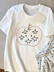Camiseta Relajada Moderna Minimalista con Estampado Forestal Cottagecore, Top para Amantes de la Naturaleza, Estilo Retro Chic Americano con Estampado de Estrellas y Manzanas, Camiseta de Manga Corta para Mujer, Delgada, Ajustada, para Verano 06 - Camiseta con Estampado Escénico Vacacional, Top Casual de Cuello Redondo para Playa de Verano, Uso Diario Casual - Blanco - Ver 1