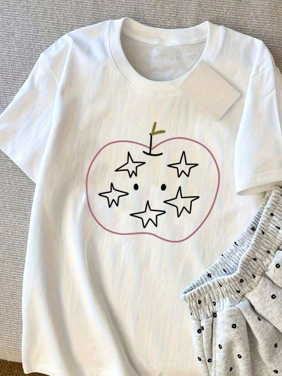 Camiseta Relajada Moderna Minimalista con Estampado Forestal Cottagecore, Top para Amantes de la Naturaleza, Estilo Retro Chic Americano con Estampado de Estrellas y Manzanas, Camiseta de Manga Corta para Mujer, Delgada, Ajustada, para Verano 06 - Camiseta con Estampado Escénico Vacacional, Top Casual de Cuello Redondo para Playa de Verano, Uso Diario Casual - Blanco - Ver 1