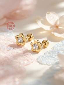 1 Pair 925 Sterling Silver Hypoallergenic Small Flower Stud Earrings, Adorable And Cute, Inlaid With Sparkling Cubic Zirconia, Spiral Ear Plugs To Prevent Falling Off, Delicate And Lovely, Gift Box Packaging, Suitable For Daily Wear Or Festivals, Gift For Girls, Friends, Back To School, Christmas - one-size - View 7