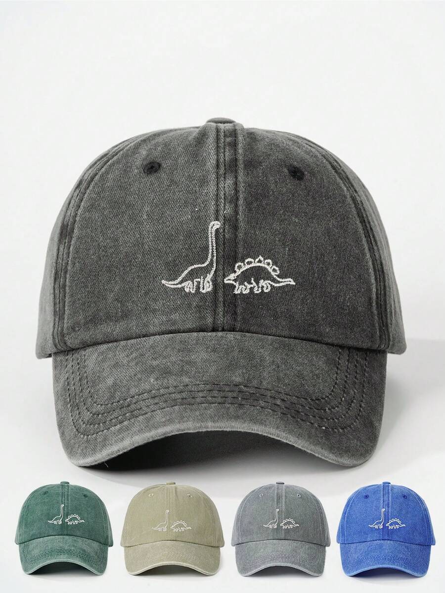 1pc Matte Washed Children's Baseball Cap, Embroidered Dinosaur Design, Bone Shaped Brim, Suitable For All Seasons - Baseball Cap - View 1