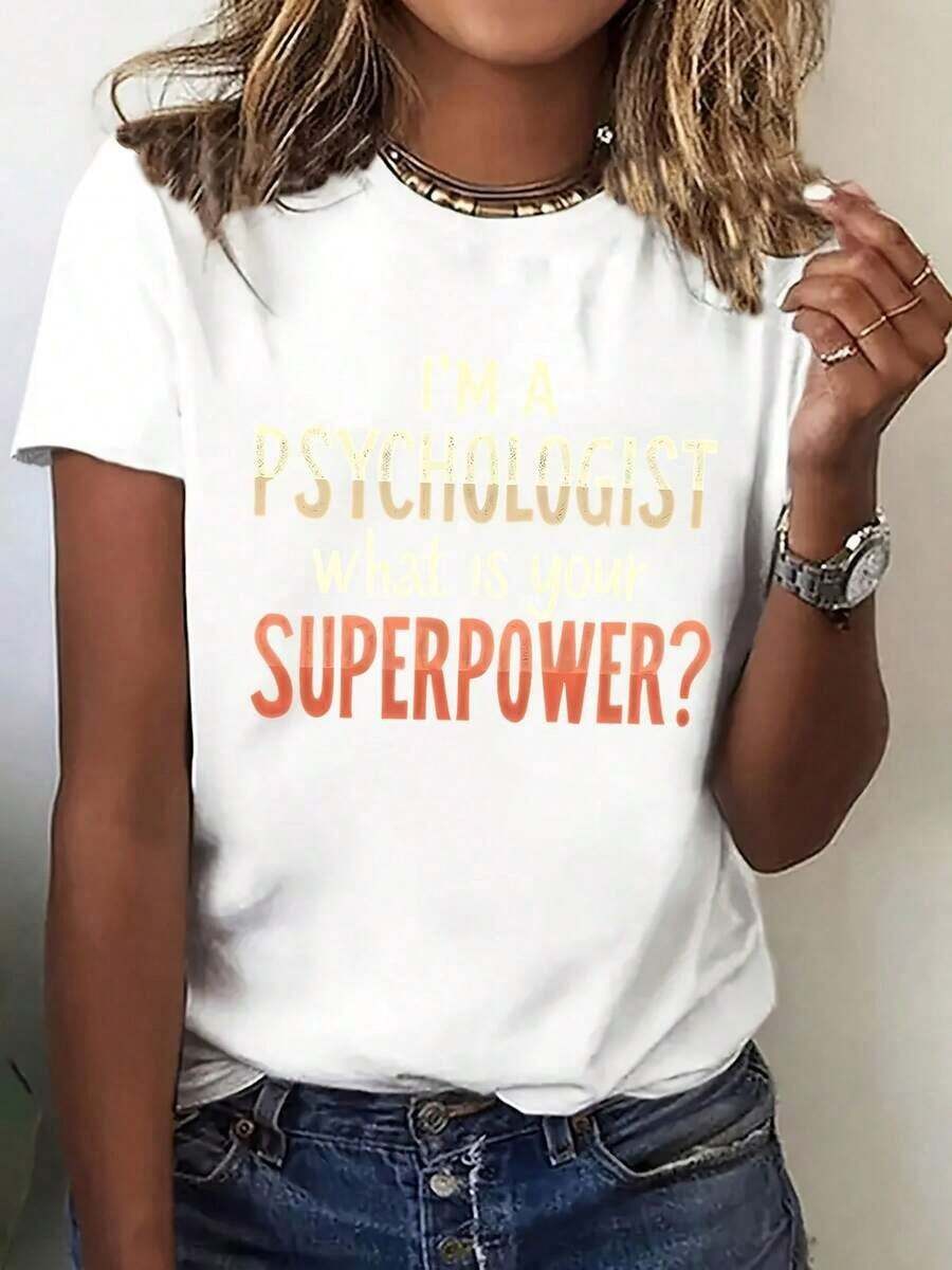 Moda Y2K Humorístico Imprimir Mujeres Corto Manga Camiseta - Psicólogo Carta Gráfico Fácil A Lavar Ligero Y Cómodo Tripulación Cuello Superior, Poliéster Mezcla, Para todas las estaciones Desgaste, Disponible En Múltiple Colores Y Tamaños, Perfecto Para Festividades, Camisa elegante para fiestas, ideal para ocasiones especiales. - Blanco - Ver 1