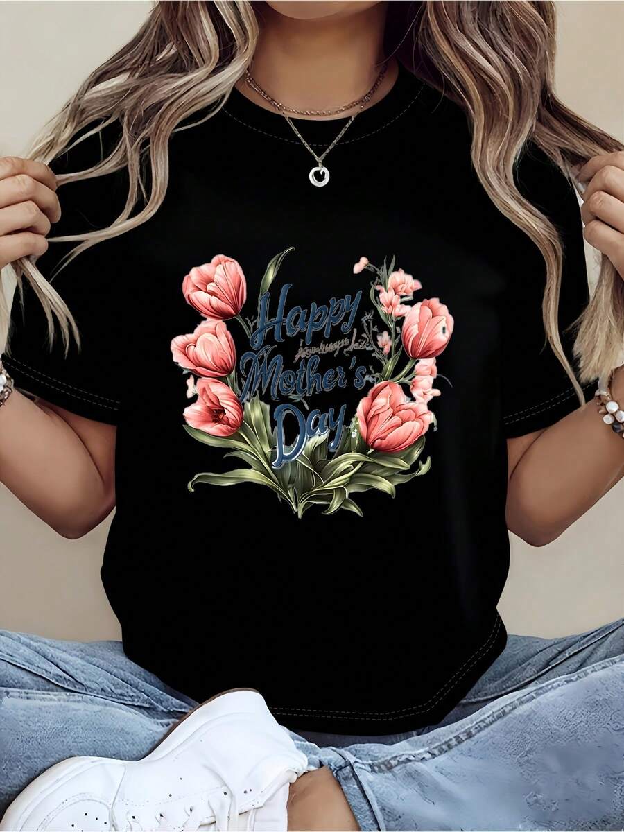 Camiseta Unisex con Estampado Floral de Tulipanes para el Día de la Madre - Cuello redondo suave y cómodo, admite entrega local - Camiseta Unisex de Manga Corta de Algodón Suelto con Cuello Redondo Estilo Vintage Urbano - Negro - Ver 1