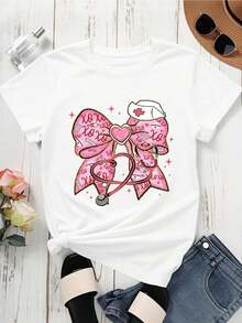 Women's Graphic Print Nurse T-Shirt With Black And Pink Bow, Stethoscope, Heart And XOXO Print, Casual Party Wear - 白色 - 查看 2
