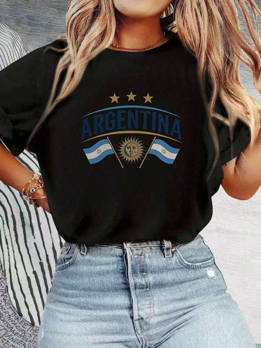 Camiseta con la Bandera Nacional de Argentina, Estampado de Sol y Estrellas Azul y Blanco, para Aficionados al Fútbol y Eventos Patrióticos, Cuello Redondo, para Uso Casual, Manga Corta, Tela Ligera para Todas las Temporadas, playeras de mujer - Negro - Ver 1