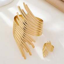 Set de 2 piezas de brazalete y anillo de alta gama personalizado, versátil y exquisito con diseño exagerado, adecuado para el uso diario de las mujeres - Amarillo Oro - Ver 3