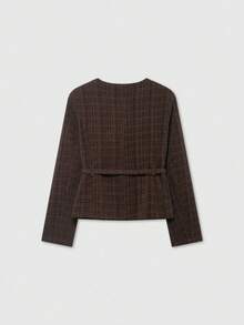 Women's Long Sleeve Metal Button Design Elegant Belted Tweed Jacket - Dark Brown - View 2