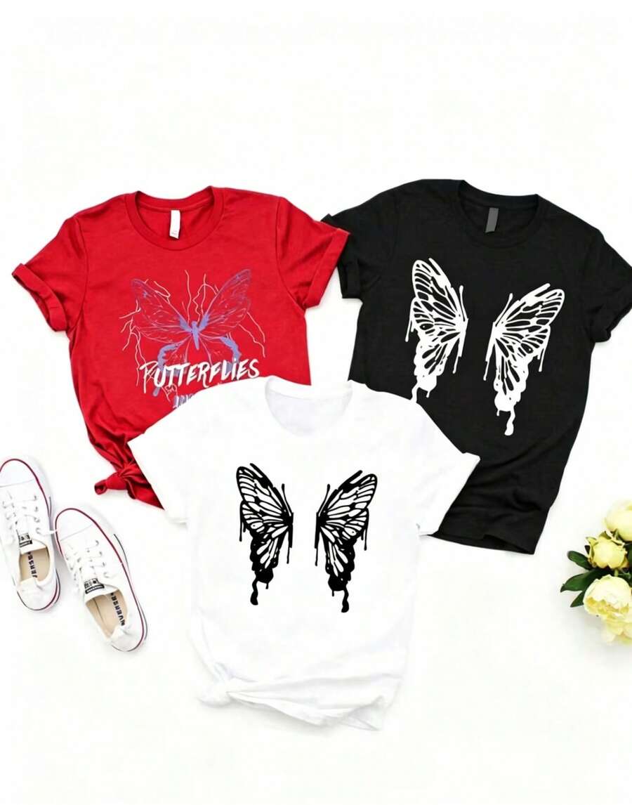 Camiseta de mujer a 2026, 3 pieza de camiseta casual de manga corta para mujer, diseño estampado de alas de mariposa, camiseta de mujer de manga corta con cuello redondo, top deportivo casual transpirable de algodón puro, regalo para vacaciones, mariposa de primavera, Pascua. - Negro - Ver 1