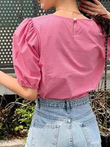 Blusa De Manga Abullonada Con Agujero En La Espalda - Rosa - Ver 2