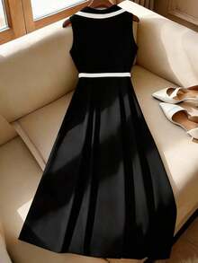 Vestido midi ajustado con botones, cintura ceñida, cuello de solapa, elegante y vintage, en color albaricoque/negro, de tela de calidad, adecuado para primavera/verano y uso diario - Multicolor 3 - Ver 2