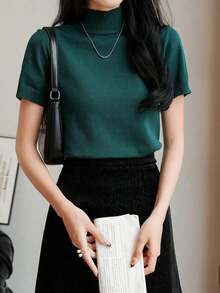 Suéter ajustado de punto de cuello alto medio, unicolor, de manga corta, para otoño e invierno, para mujer - Verde Oscuro - Ver 3