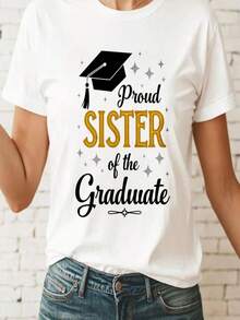 1 pieza, hermana orgullosa de la graduación femenina, playera   casual de verano para celebrar el fin de estudios, cómoda y transpirable. - Blanco - Ver 1