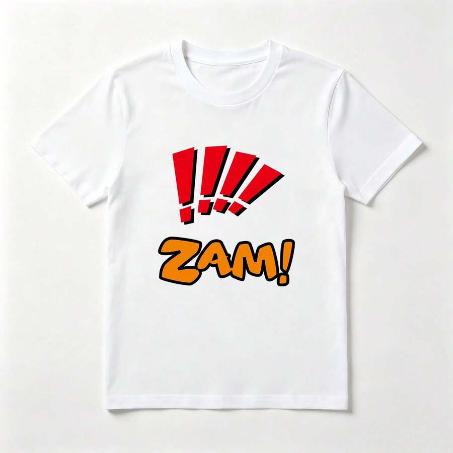 Diseño de Cómic Playera de Algodón Blanca con Formas Rojas y Naranjas - Blanco - Ver 1