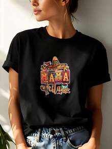 1 pieza de remera de manga corta 100% algodón estilo casual con estampado de sombrero mexicano y texto Mama Tequila dise?o colorido ideal para verano y fiestas mujer - Negro - Ver 1