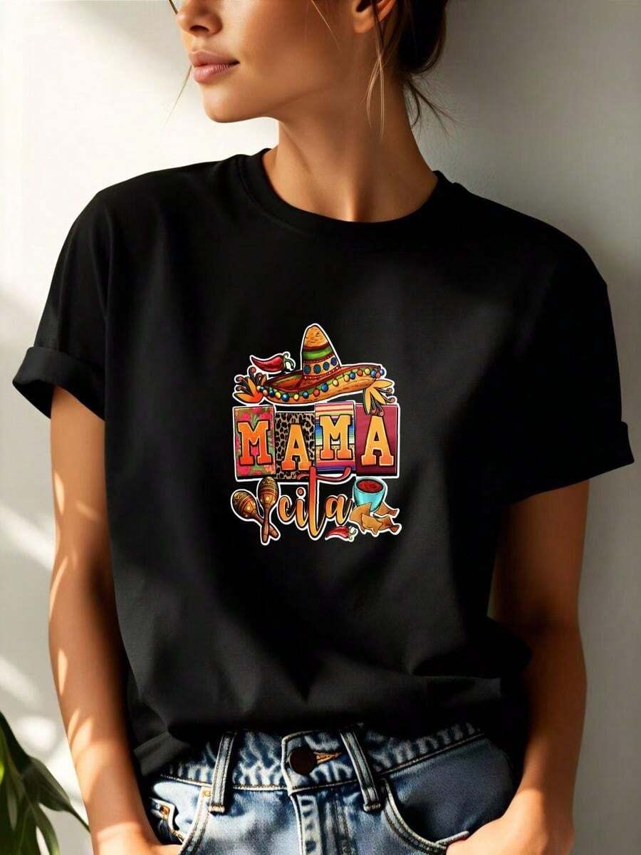1 pieza de remera de manga corta 100% algodón estilo casual con estampado de sombrero mexicano y texto Mama Tequila dise?o colorido ideal para verano y fiestas mujer - Negro - Ver 1