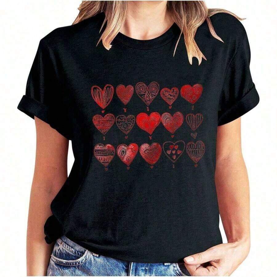 Camiseta de manga corta con cuello redondo y estampado de corazones de San Valentín para mujer, ropa térmica para uso diario, tela suave, top corto elegante, camiseta gráfica para mujer. - Negro 6 - Ver 1