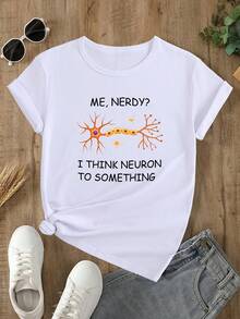 Camiseta de verano de manga corta, holgada y casual con estampado de letras estilo nerd. - Blanco - Ver 6