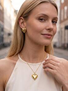 Minimalist Heart Stainless Steel Jewelry Set For Women Necklace & Earrings Set For Daily Work Date Vacation, Valentine's Christmas Gift - Gold - View 6