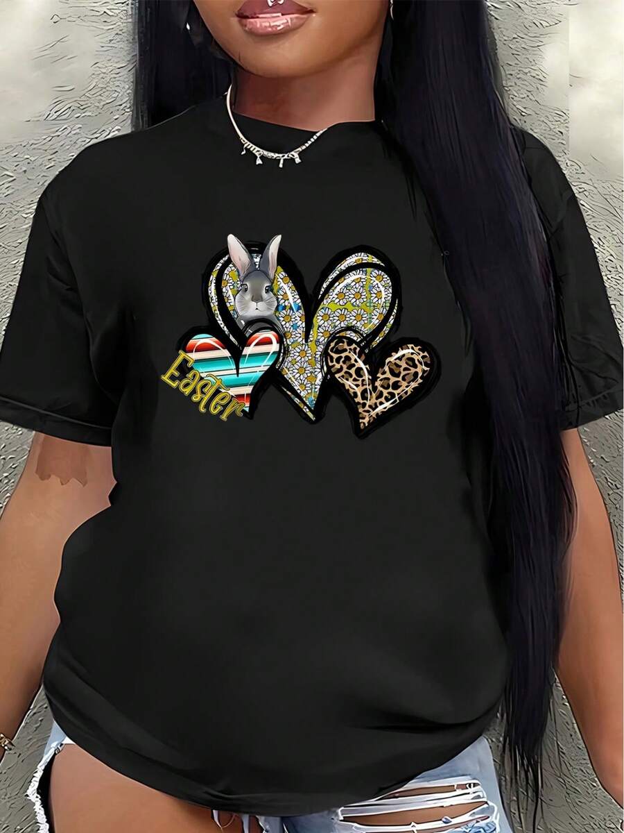 Camiseta de manga corta de poliéster, decorada con coloridos diseños de conejos y corazones, ligera y duradera, adecuada para uso casual en casa o en restaurantes, cómoda y ajustada para el uso diario. - Negro - Ver 1