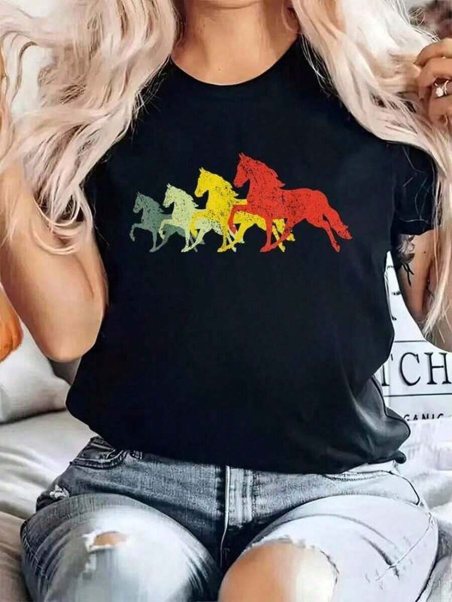 Camiseta% Algodón con Silueta de Padres de Caballos - Estilo Vintage Walker, Unisex, Negra, Blanca, Camiseta con Estampado para Regalo, Cuello Redondo para Verano, Top Suave de Manga Corta para Mujer, Camiseta Elegante y Cómoda para Mujer, Camisetas con Estampados - Negro - Ver 1