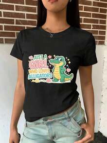 TrendyCamiseta con estampado de cocodrilo para mujer, 100% algodón, estampado artístico, estilo hip-hop urbano, transpirable.Everyday Wear - Negro - Ver 4