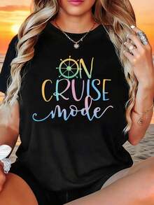 Diseño Sencillo y Versátil: La sensación relajada del "modo crucero" se simboliza con el modo ON CRUISE, que presenta un estampado de patrón de timón de barco. Esta camiseta de mujer, moderna y casual, con cuello redondo, es adecuada para salidas animadas, actividades al aire libre, desplazamientos diarios, y es versátil y elegante para usar. Camiseta de algodón. - Negro - Ver 7