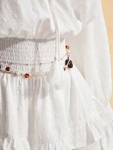 ICON Vestido de línea A con cuello en V, cintura con lazo y volantes en el bajo, vestido bohemio, ropa de vacaciones, adecuado para la primavera, talla grande - Beis - Ver 7