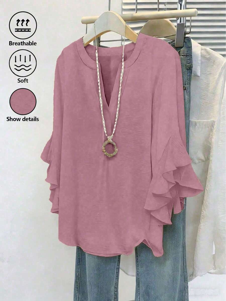 Plus Size Women V-Neck Solid Color Ruffle Trim Casual Blouse Pink Boho Tops - Pink - View 1