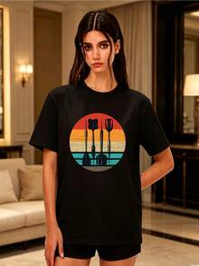 Camiseta de manga corta de 180g para mujer, top clásico de cuello redondo para verano, uso diario casual, estampado de utensilios de cocina vintage, adecuada para reuniones familiares, regalos para formación de equipos de oficina - Camiseta unisex de algodón suelto de manga corta y cuello redondo estilo vintage urbano. - Negro - Ver 7