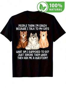 Camiseta divertida para amantes de los gatos con diseño único de felinos parlantes estilo humorístico casual moda 2023 algodón cómodo ideal para uso diario regalo perfecto fans de los gatos juvenil atrae miradas en fiestas y reuniones disponible en tallas variadas ajuste perfecto - Negro - Ver 1