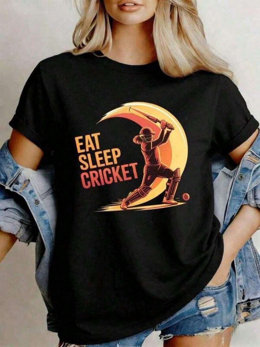 Camiseta con estampado gráfico de críquet de CasualWo, otoño, tela de alta calidad, cuello redondo, corte holgado, cómoda, casual, recién llegada para mujeres. - Negro - Ver 1