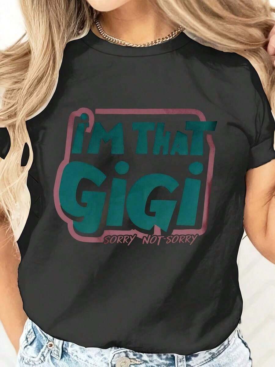 Women's "I'm That Gigi Sorry Not Sorry" Graphic Print T-Shirt, Casual Summer Top, Gift For Grandma, Mother's Day, Family Outing. Casual Blouse For Women - 黑色 - 查看 1