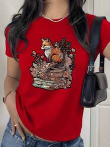 Camiseta con Estampado Floral Fox Books, 180g, 1 Pieza, Inspirada en la Naturaleza, Camiseta Casual para Mujer, 100% Algodón, Estilo Artístico Vintage - Rojo - Ver 9