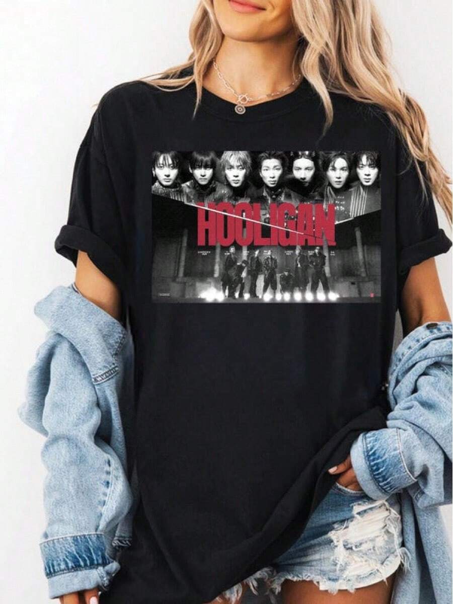 Camiseta Hooligan Bangtan , Camiseta Bangtan, Camiseta del concierto Arirang World Tour 06, Regalo de merchandising para fans del ,Embalaje individual - Negro - Ver 1