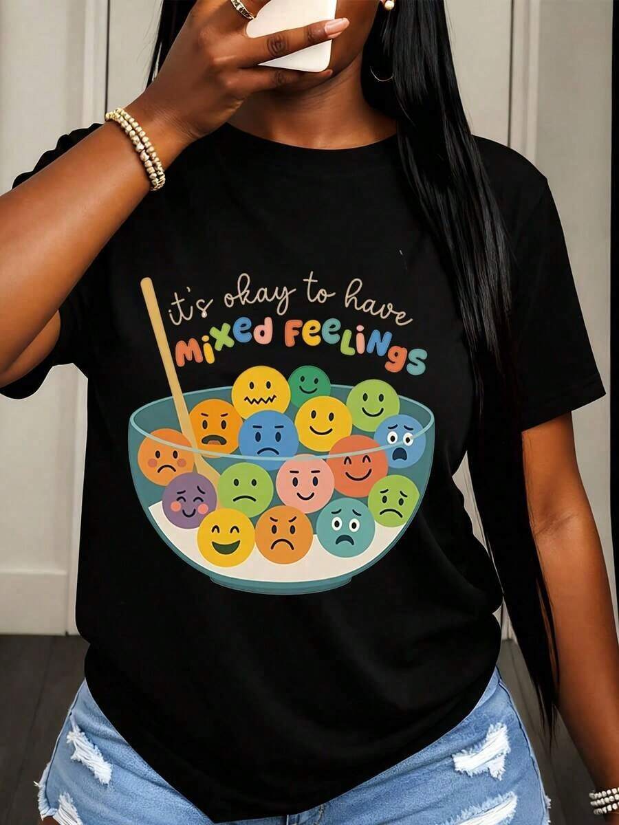 Camiseta de Mujer con Diseño de Cuenco "Es Bueno Tener Sentimientos Mixtos", Ropa Casual para Uso Diario, Divertida y Cómoda, con Estampado de Emociones Coloridas, Perfecta para Atuendos Diarios e Ideas de Regalo. - Negro - Ver 1