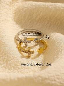 1pc Minimalist Versatile Gold/Silver Round Cubic Zirconia Cross & Heart Dual-Head Open Ring, Suitable For Women's Daily Wear - Gold - View 5