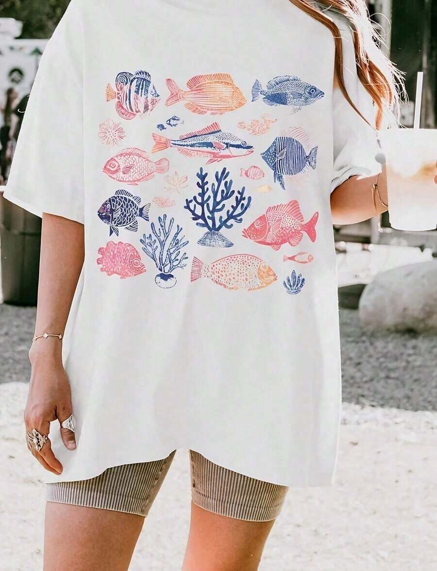 ropa de mujer Camiseta de verano de gran tamaño, Camiseta con estampado retro de océano, Camiseta vintage de gran tamaño, Camiseta con estampado desgastado, Camiseta retro de playa, Camiseta de algodón 100% de gran peso para amantes del océano. Estampado de mariposas. Tallas unisex. Camiseta inspiradora de cuello redondo. Lindo y hermoso top de verano inspirado en el estilo Y2K, perfecto para actividades al aire libre, en casa, en el trabajo o para vestir en la calle. Camiseta casual, holgada para uso diario. camisas de mujer - Blanco - Ver 1