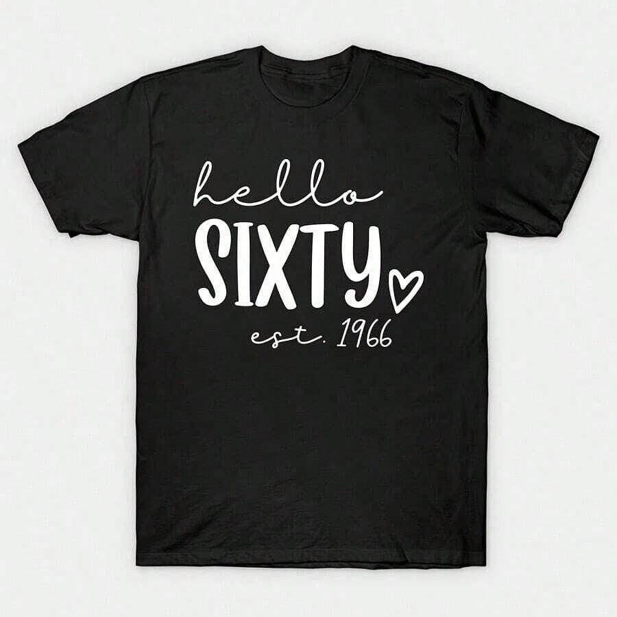 short-sleeveCamiseta casual de talla grande para mujer con gráfico "Hello Sixty, Hello 60" impreso en estilo vintage, de manga corta, cuello redondo, cómoda y adecuada para uso diario, vacaciones y actividades al aire libre100% Cotton - Negro - Ver 1
