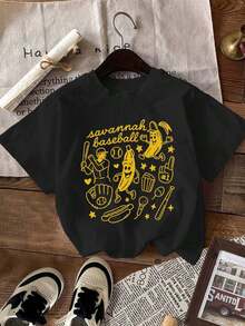 1 pieza de camiseta gráfica de béisbol Savannah, de manga corta y cuello redondo, estilo casual, para verano y primavera, camiseta para mujer, 180g, 100% algodón. - Negro - Ver 2