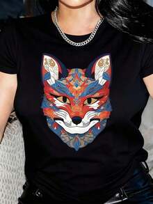 1 camiseta casual de manga corta para mujer con estampado vibrante de gato de dibujos animados y geometrías, cuello redondo, lavable a máquina, ajuste cómodo para todas las estaciones, camiseta gráfica divertida, tela no transparente. - Negro - Ver 1