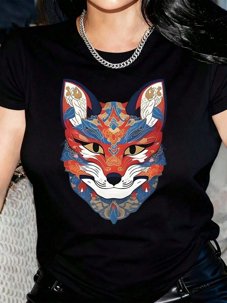 1 camiseta casual de manga corta para mujer con estampado vibrante de gato de dibujos animados y geometrías, cuello redondo, lavable a máquina, ajuste cómodo para todas las estaciones, camiseta gráfica divertida, tela no transparente. - Negro - Ver 1