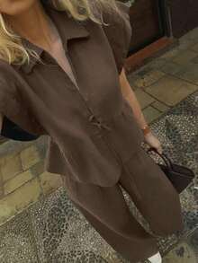 Conjunto informal de verano de 2 piezas de algodón de unicolor elegante para mujer Just Masa, incluye blusa holgada de manga corta con cuello vuelto y pantalones de pierna ancha con cintura elástica, adecuado para vacaciones, viajes, ir al trabajo, citas, playa y uso diario - Marrón - Ver 11